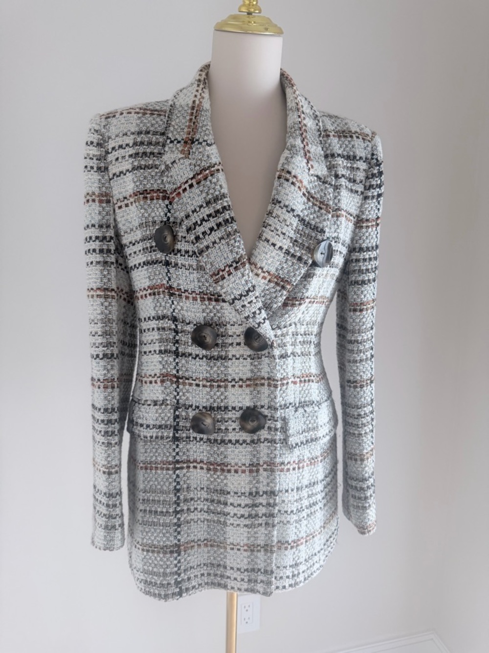 Zara S Double-Breasted Tweed Blazer Jacket - Light Gray Plaid
